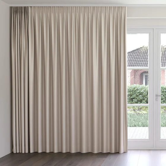 Photo of the fabric Stallion 2 Blackout Fawn swatch by James Dunlop Essentials. Use for Curtains. Style of Plain, Texture