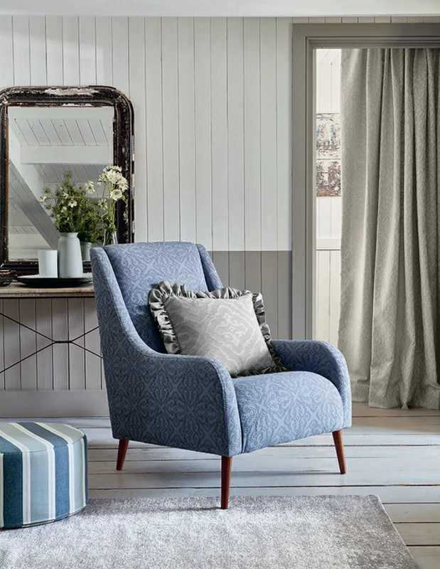 Photo of the fabric Doran V3265 06 in situ by Villa Nova. Use for Curtains, Upholstery, Accessory, Top of Bed. Style of Embroidery