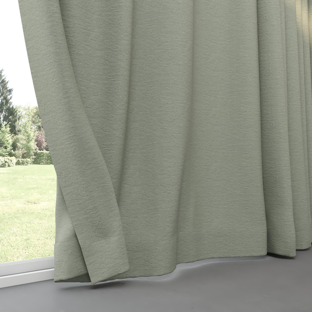 Photo of the fabric Satori Stonewash Celadon swatch by Mokum. Use for Curtains, Upholstery Light Duty, Accessory, Top of Bed. Style of Plain, Texture