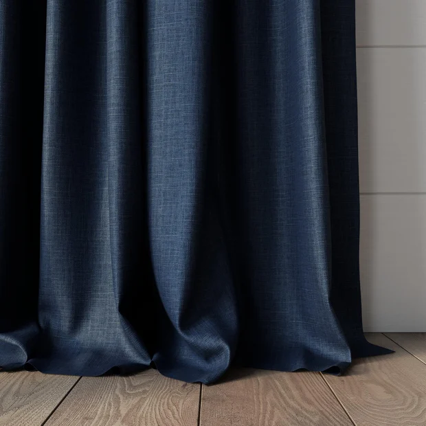 Photo of the fabric Frisco Navy swatch by James Dunlop Essentials. Use for Curtains, Upholstery, Accessory, Top of Bed. Style of Plain, Texture