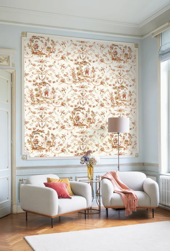 Photo of the fabric L'Orangerie Wallpaper 8797 8797 34 76 in situ by Casadeco. Use for Wall Covering