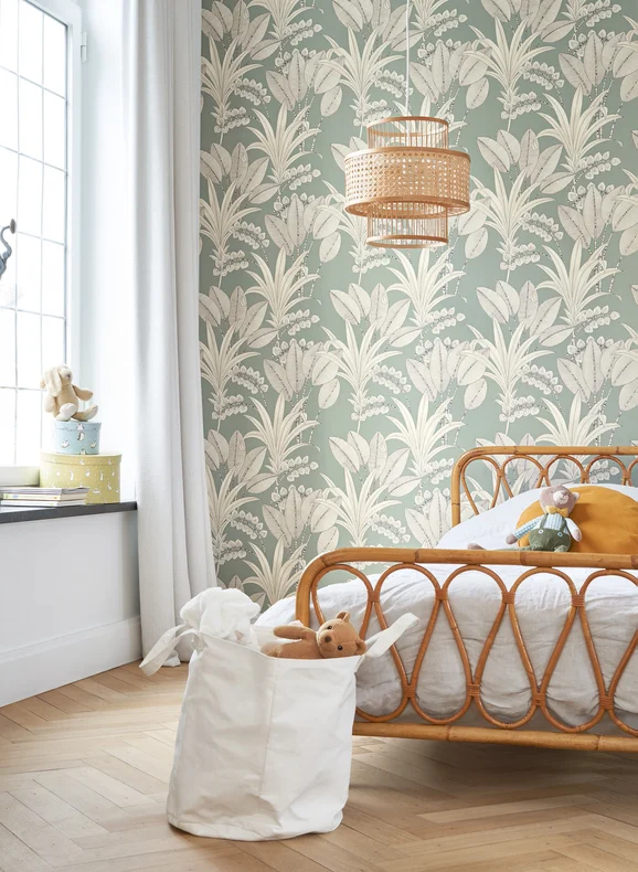 Photo of the fabric Palma Wallpaper 8641 8641 65 65 in situ by Casadeco. Use for Wall Covering. Style of Floral And Botannical
