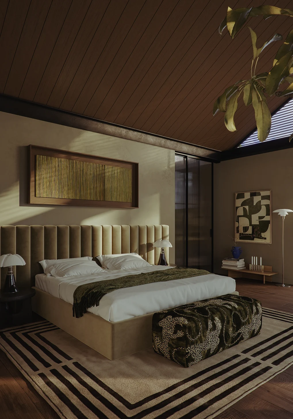 3D digital render of Francisco Residence by 23ab.agency | Featuring ottoman in Pathera colour Olive by Catherine Martin by Mokum