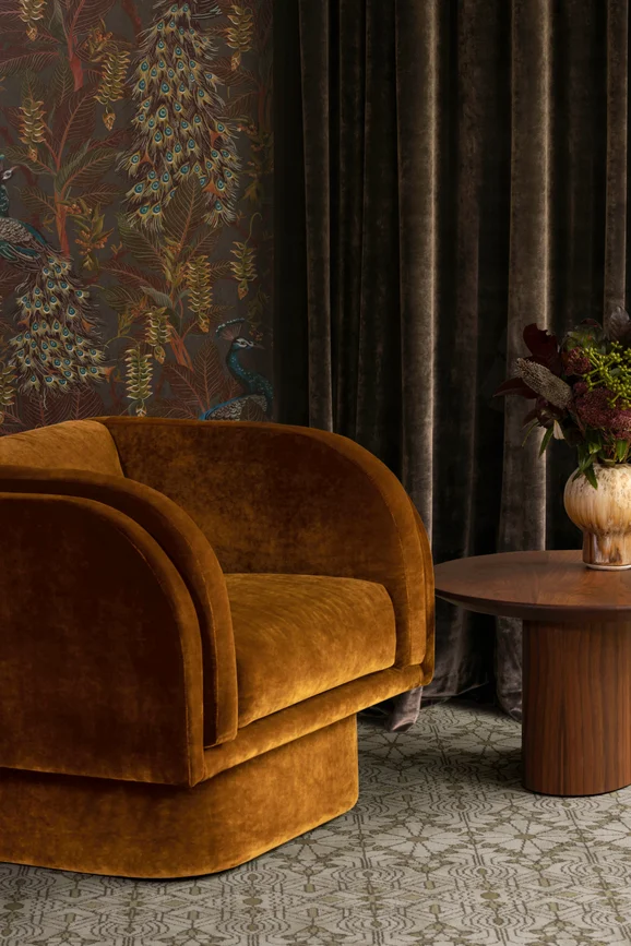 Photo of the fabric Monarque Macaroon in situ by Catherine Martin by Mokum. Use for Curtains, Upholstery, Accessory. Style of Plain, Velvet