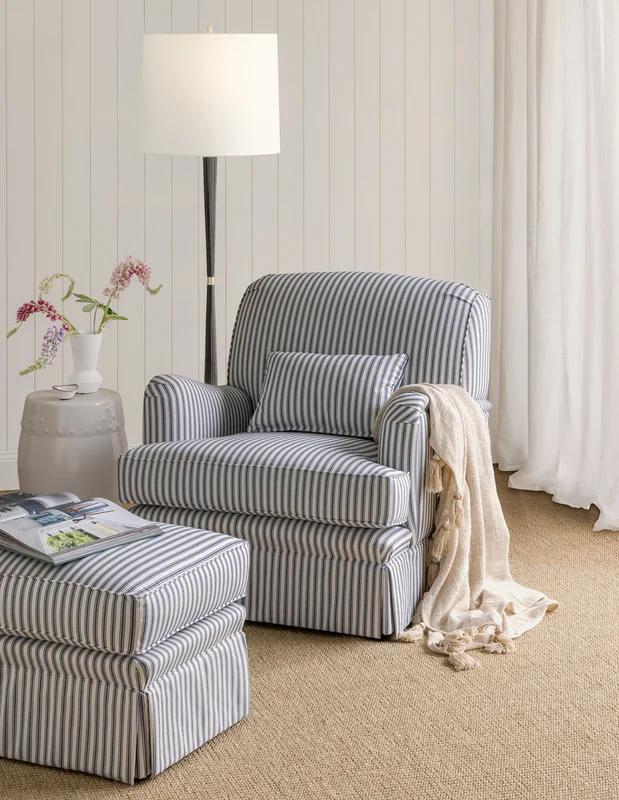 Photo of the fabric Ticking Stripe Sage in situ by James Dunlop. Use for Upholstery, Accessory. Style of Stripe, Taffeta