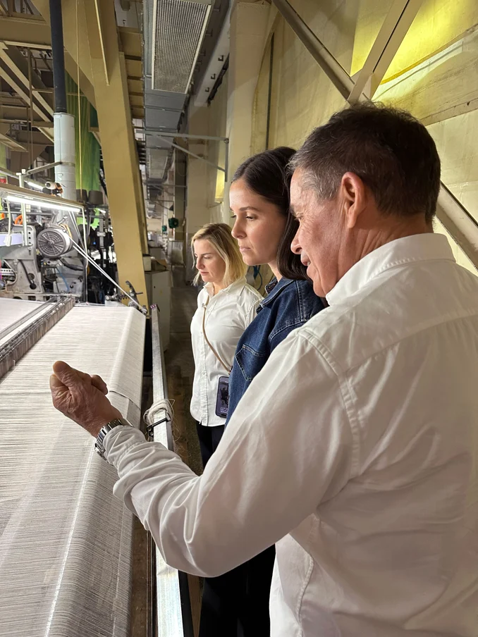 Annie Moir, James Dunlop design director, and Ben Moir, CEO, visiting a textile mill