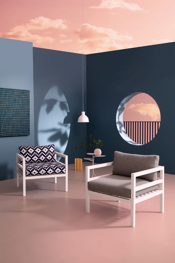 Photo of the fabric Weave In/Outdoor K5248 04 in situ by Kirkby Design. Use for Upholstery, Accessory. Style of Stripe