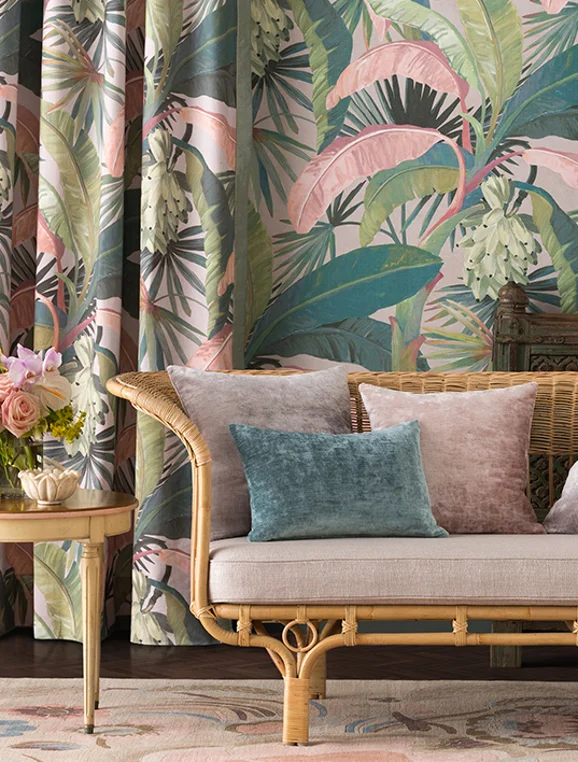 Photo of the fabric La Palma Coral in situ by Catherine Martin by Mokum. Use for Curtains, Accessory. Style of Floral And Botannical, Print