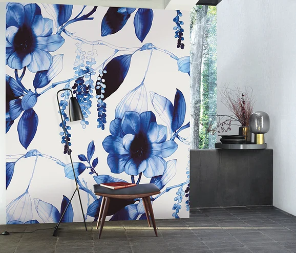 Photo of the fabric Ink Flower Panel 8494 8494 64 08 in situ by Casadeco. Use for Wall Covering, Wall Panel/Mural