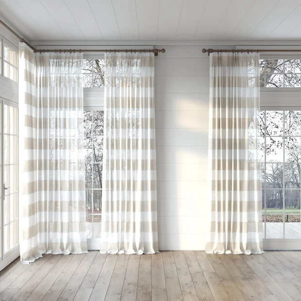 Photo of the fabric Long Beach Sand swatch by James Dunlop. Use for Sheer Curtains. Style of Sheer, Stripe