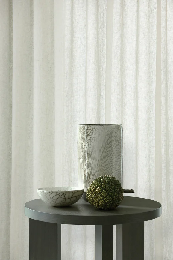 Photo of the fabric Kanso Stonewash Mineral in situ by Mokum. Use for Sheer Curtains. Style of Plain, Sheer