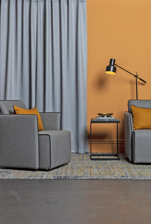 Photo of the fabric Parallel FR Mineral in situ by James Dunlop Essentials. Use for Curtains, Accessory. Style of Dim Out, Geometric