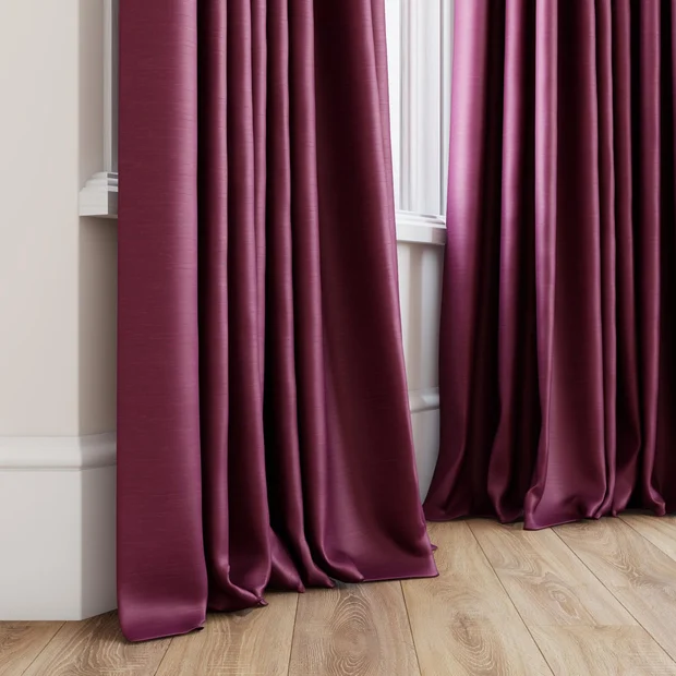 Photo of the fabric Luxe Plum swatch by James Dunlop Essentials. Use for Curtains, Accessory, Top of Bed. Style of Plain, Texture