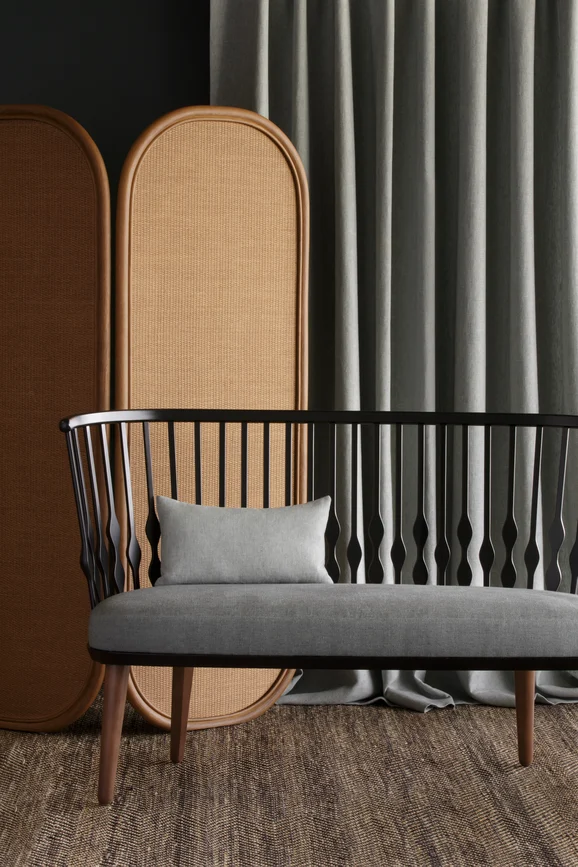 Photo of the fabric Infinite Flint in situ by Mokum. Use for Curtains, Upholstery, Accessory, Top of Bed. Style of Plain, Texture