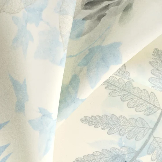 Photo of the fabric Plumeria Azure swatch by Zepel. Use for Curtains, Upholstery, Accessory, Top of Bed. Style of Floral And Botannical, Print