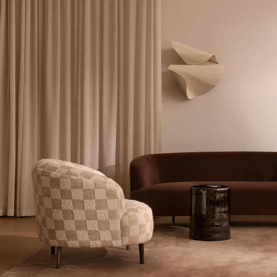 Orb MKII Chair by Arthur G in Quadro Boucle colour Chalk and Orb MKII Sofa in Alpaca Velvet colour Cacao, both by Mokum | Image by Lillie Thompson