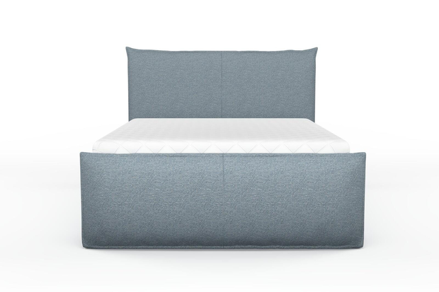 Photo of the fabric Grain Denim swatch by Mokum. Use for Upholstery, Accessory, Top of Bed. Style of Plain, Texture