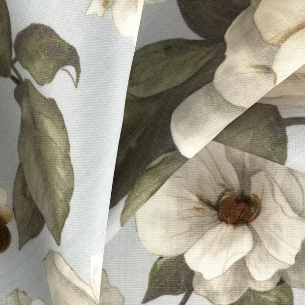 Photo of the fabric Miriam Sky swatch by Zepel. Use for Curtains, Upholstery Light Duty, Accessory, Top of Bed. Style of Floral And Botannical, Taffeta