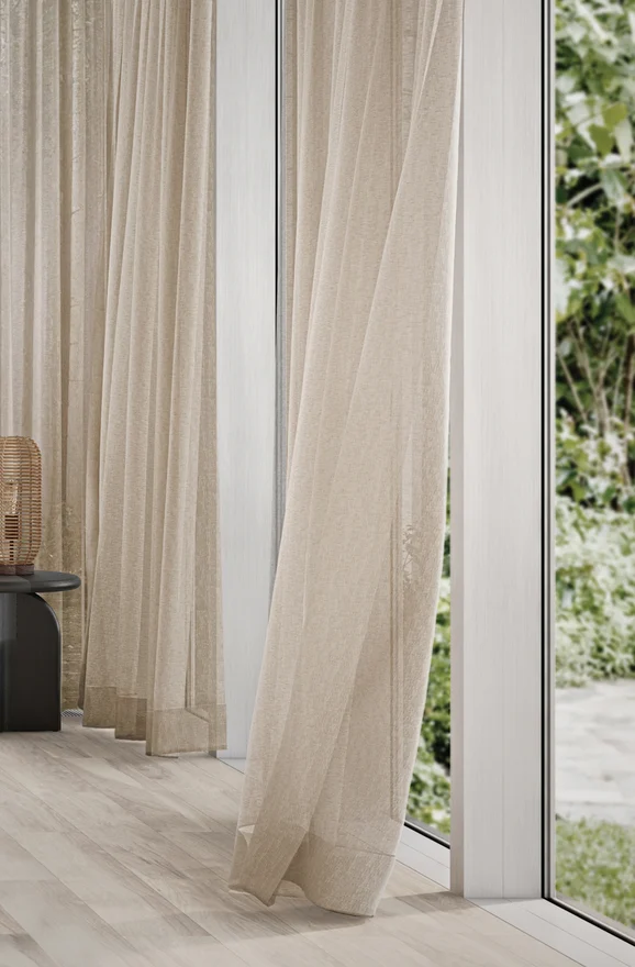 Photo of the fabric Beauvoir 14033 Cloud in situ by James Dunlop. Use for Sheer Curtains. Style of Plain, Sheer