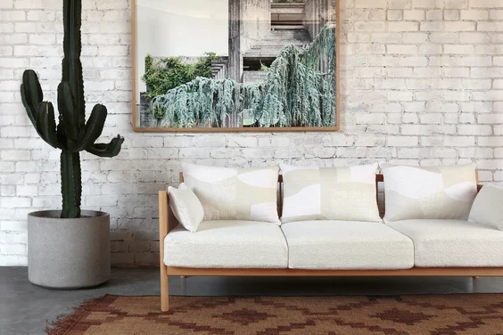 Loose cushion seat with legs in Grande Boucle colour Silk by Catherine Martin by Mokum &amp; Santa Fe colour Bone by Mokum