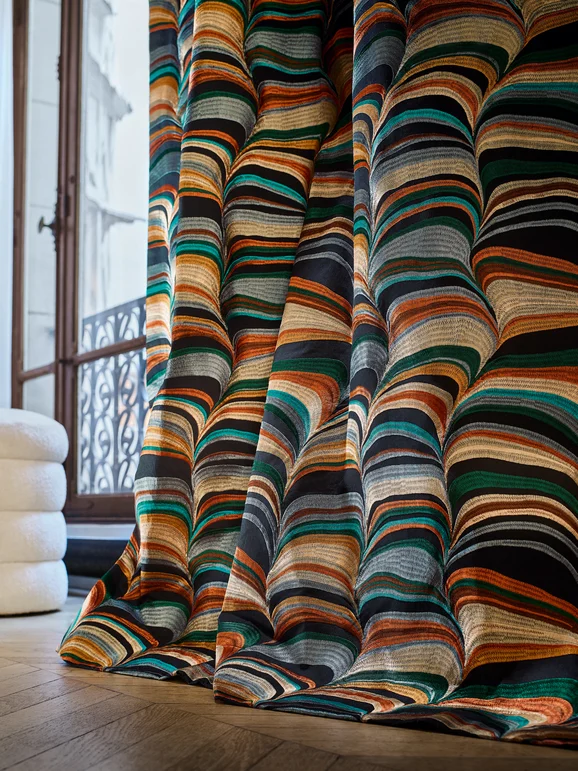 Photo of the fabric Strates 4627 4627 0231 in situ by Casamance. Use for Curtains, Accessory. Style of Abstract, Embroidery