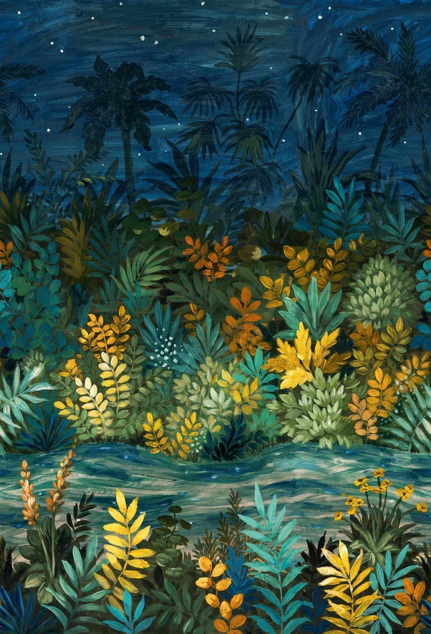 Photo of the fabric Nuit Etoilee Wpanel 7640 7640 1324 swatch by Casamance. Use for Wall Covering, Wall Panel/Mural. Style of Floral And Botannical, Print