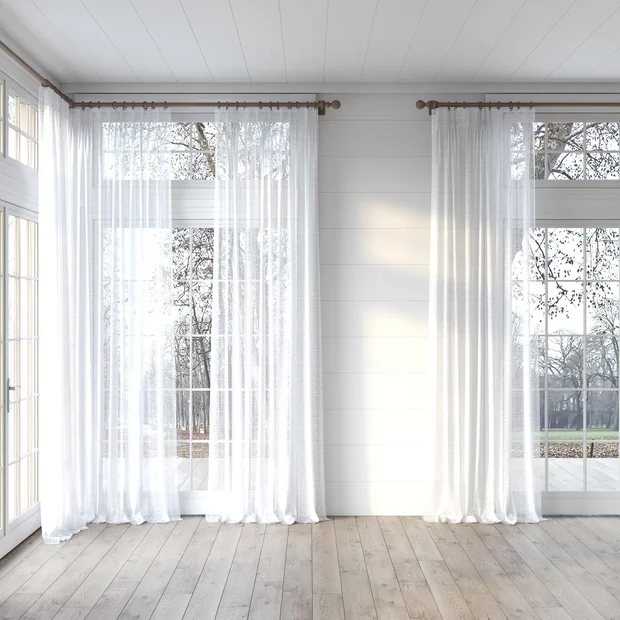 Photo of the fabric Scandinese Whitewash swatch by James Dunlop. Use for Sheer Curtains. Style of Plain, Sheer