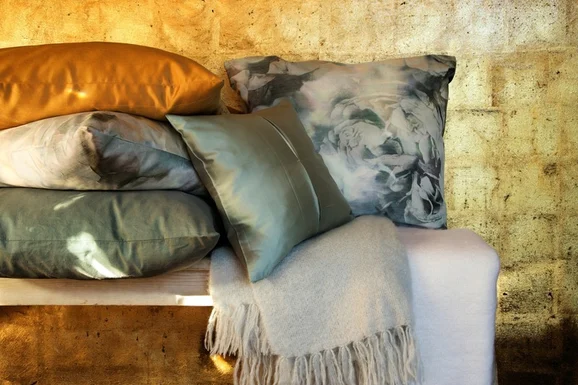 Photo of the fabric Antoinette 14411 102 in situ by Fischbacher 1819. Use for Curtains, Accessory, Top of Bed. Style of Floral And Botannical, Print