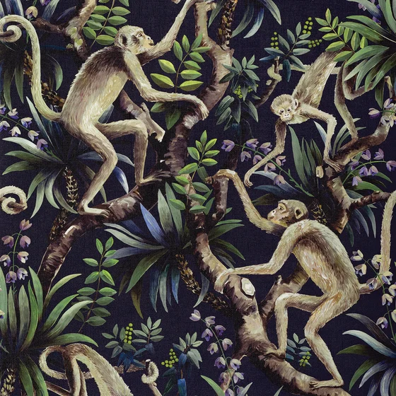 Photo of the fabric Monkey Business Wallpaper Midnight swatch by Catherine Martin by Mokum. Use for Wall Covering. Style of Floral And Botannical