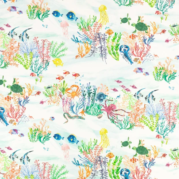 Photo of the fabric Coral Kingdom V3601 01 swatch by Villa Nova. Use for Curtains, Upholstery. Style of Animals And Birds, Print