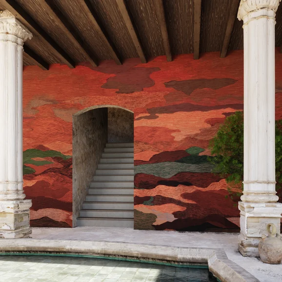 Photo of the fabric Wadi W/Panel 600107 707 in situ by Fischbacher 1819. Use for Wall Covering, Wall Panel/Mural. Style of Abstract, Leather And Vinyl