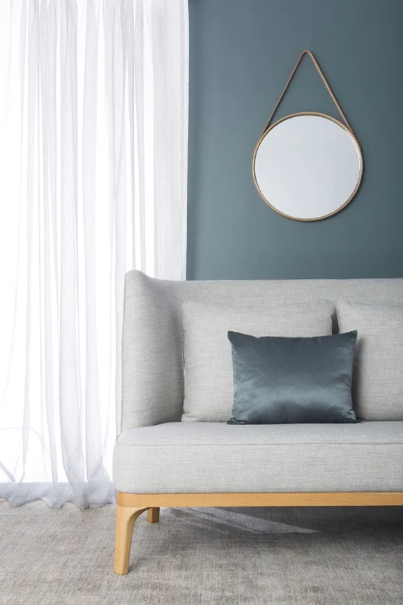 Photo of the fabric Makai (JDG) Silver in situ by Mokum. Use for Sheer Curtains. Style of Plain, Sheer