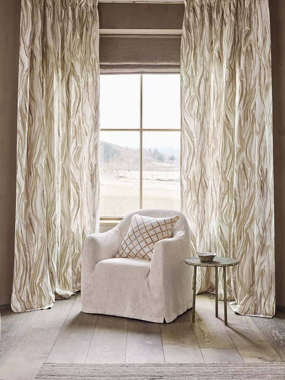 Photo of the fabric Newlyn Z668 02 in situ by Zinc. Use for Curtains, Upholstery Light Duty, Accessory. Style of Stripe