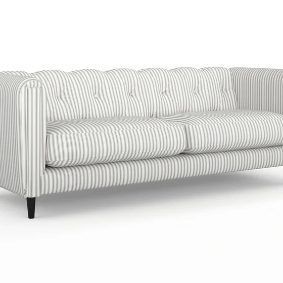 Photo of the fabric Ticking Stripe Sage swatch by James Dunlop. Use for Upholstery, Accessory. Style of Stripe, Taffeta