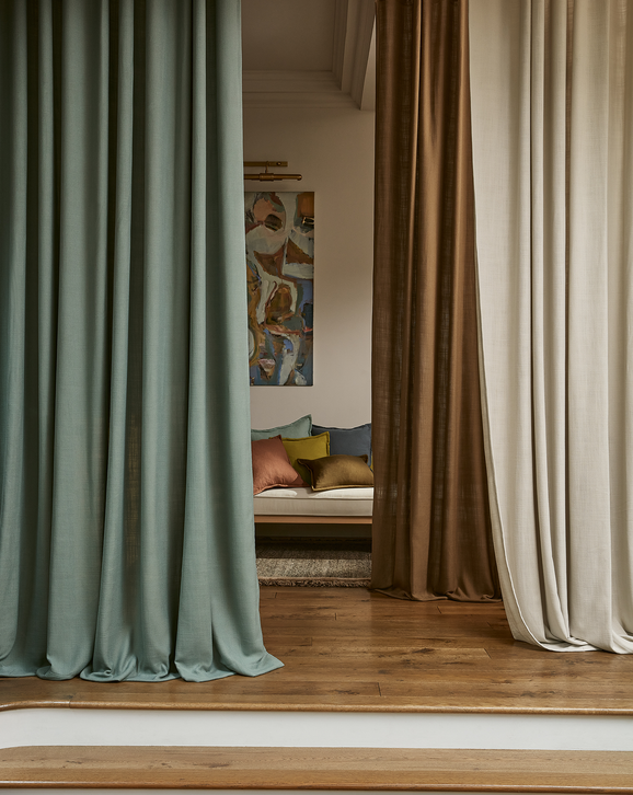 Photo of the fabric Toronto FR V3637 29 in situ by Villa Nova. Use for Curtains. Style of Plain, Texture