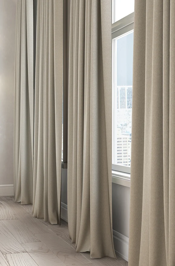 Photo of the fabric Oakley FR Dove Grey in situ by James Dunlop. Use for Curtains. Style of Plain, Texture