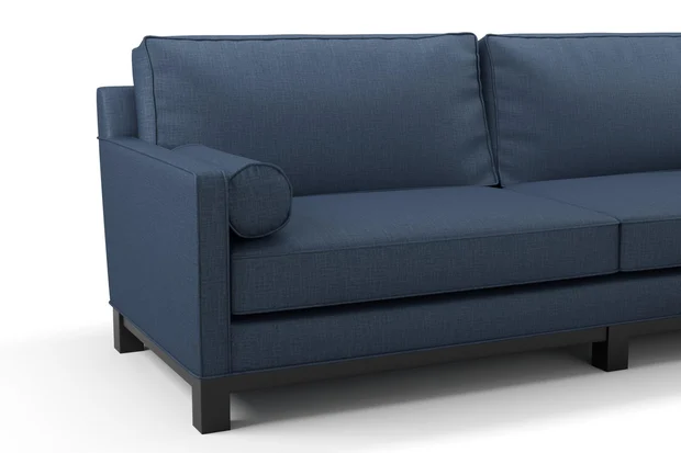 Photo of the fabric Frisco Navy swatch by James Dunlop Essentials. Use for Curtains, Upholstery, Accessory, Top of Bed. Style of Plain, Texture