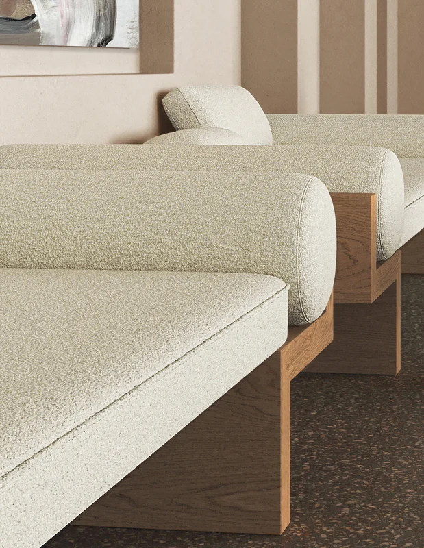 Photo of the fabric Raptor Denim in situ by James Dunlop FibreGuard. Use for Upholstery, Accessory, Top of Bed. Style of Plain, Texture
