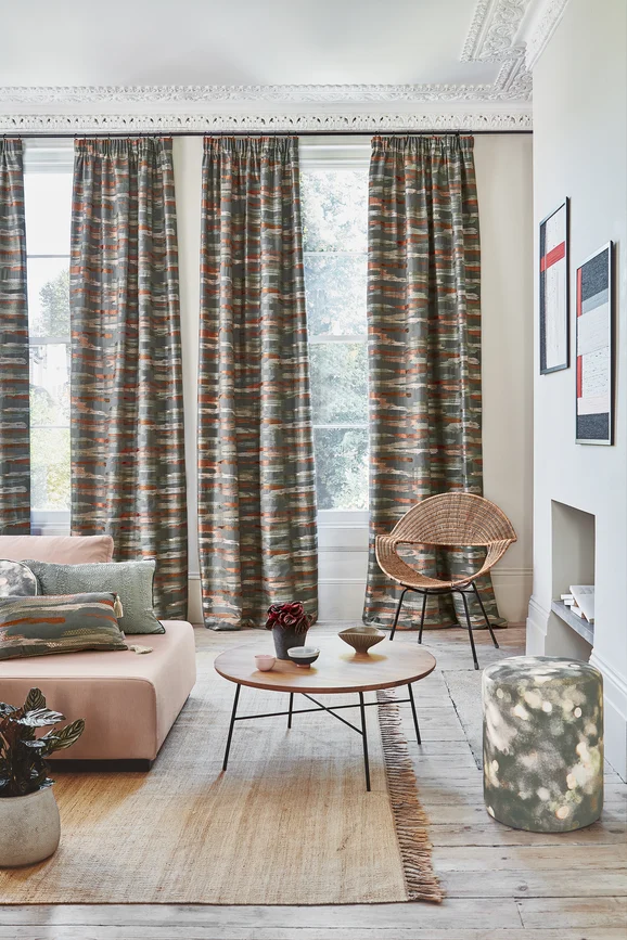 Photo of the fabric Heath V3400 03 in situ by Villa Nova. Use for Curtains. Style of Abstract, Embroidery