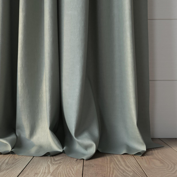 Photo of the fabric Satori Stonewash Willow swatch by Mokum. Use for Curtains, Upholstery Light Duty, Accessory, Top of Bed. Style of Plain, Texture