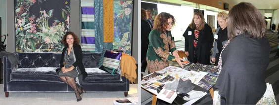 The&nbsp;Christian Fischbacher&nbsp;|&nbsp;Montreux Furniture&nbsp;stand.Left: Camilla Fischbacher (Christian Fischbacher).Right: Camilla Fischbacher&nbsp;shows the new collection from Christian Fischbacher.