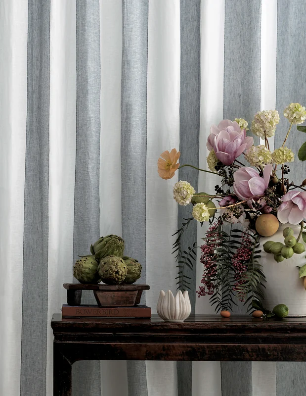 Photo of the fabric Kyoto Stripe Chambray in situ by James Dunlop. Use for Curtains. Style of Stripe, Texture