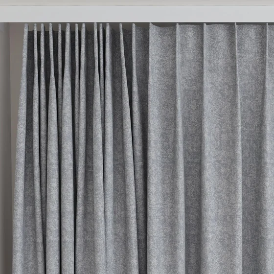 Photo of the fabric Avalon FR Blackout Steel swatch by James Dunlop Essentials. Use for Curtains. Style of Plain, Texture