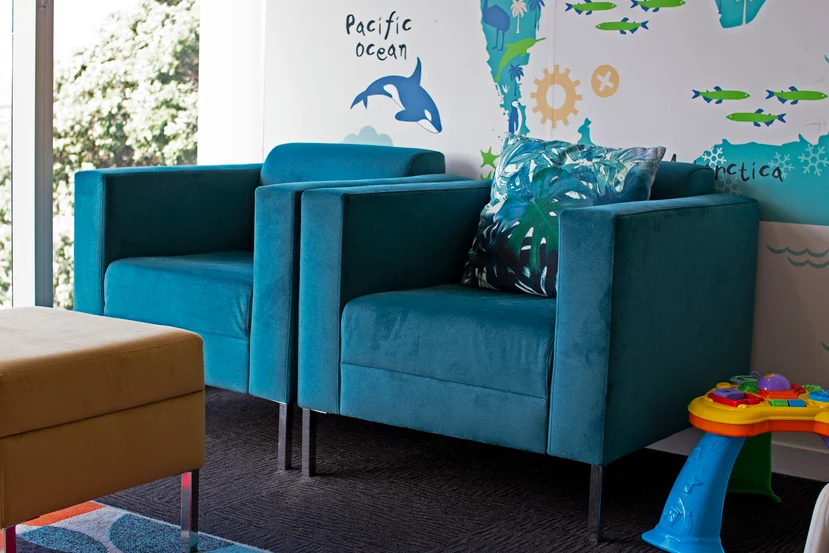 Chairs and ottoman in Combo colours Scuba and Hay by Zepel FibreGuard Pro