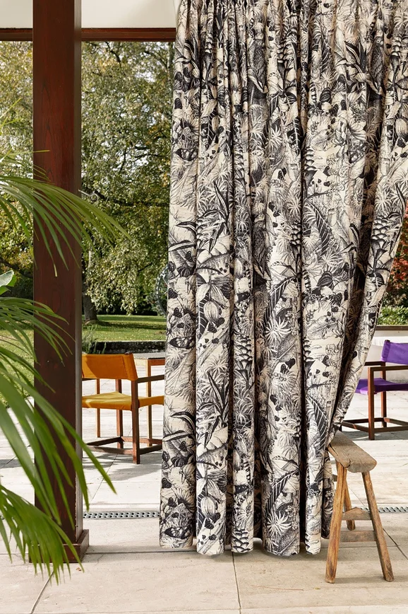 Photo of the fabric Kwazulu 14665 507 in situ by Fischbacher 1819. Use for Curtains. Style of Floral And Botannical, Print
