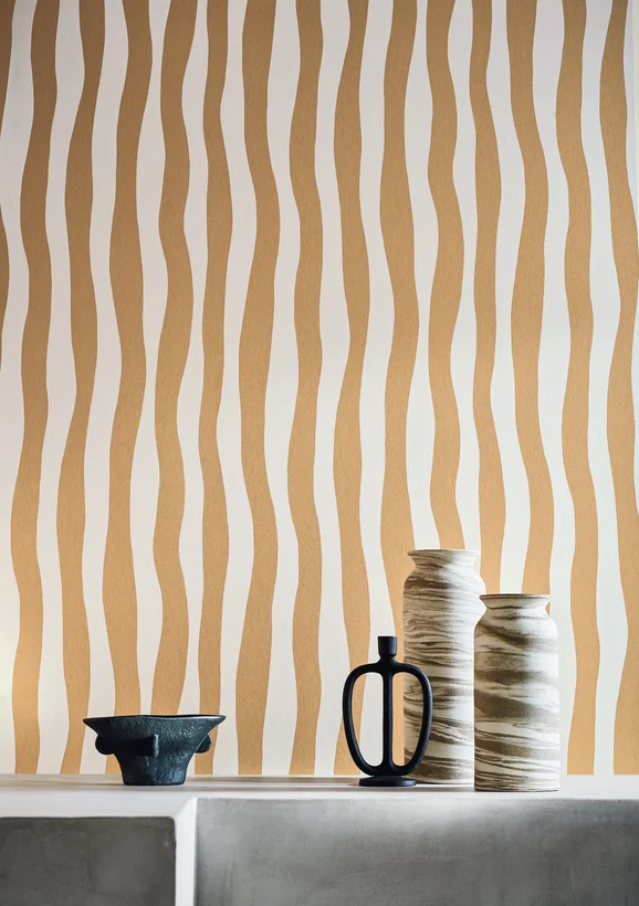 Photo of the fabric Sundae Wp 7591 7591 2650 in situ by Casamance. Use for Wall Covering. Style of Print, Stripe