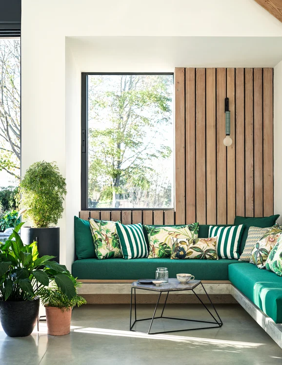 Photo of the fabric Lugo Outdoor F1669 6 in situ by Clarke & Clarke. Use for Upholstery. Style of Plain, Taffeta