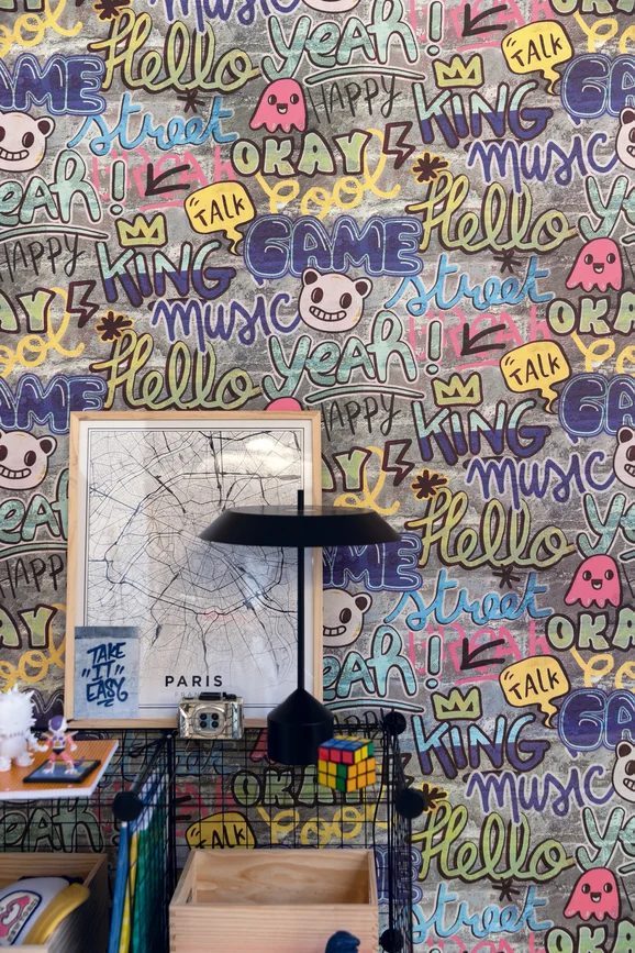 Photo of the fabric Make It Fun Wallpaper 10330 90 09 in situ by James Dunlop. Use for Wall Covering. Style of Abstract