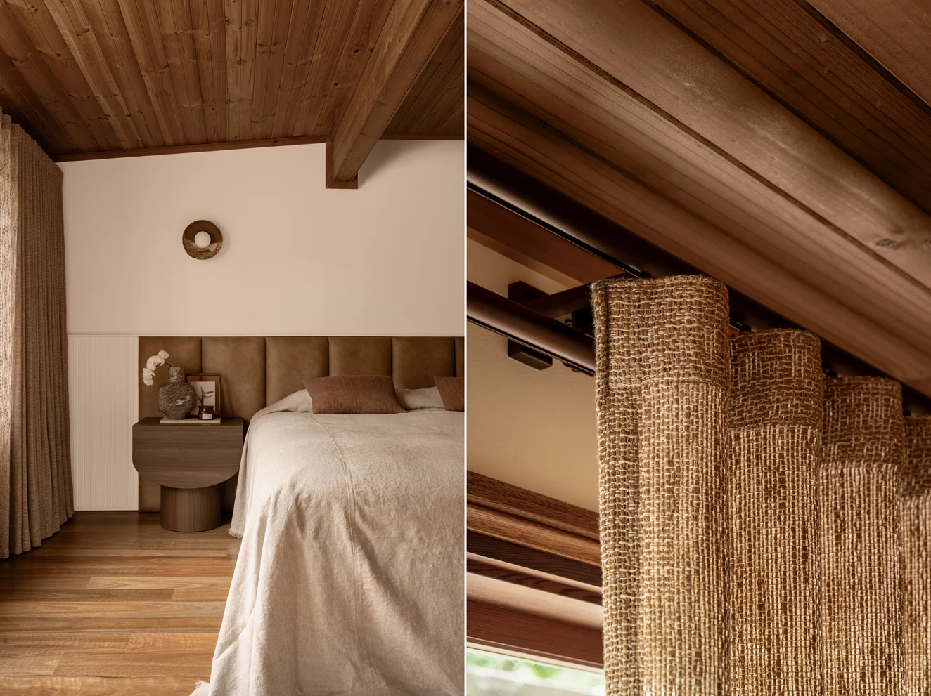 Bedroom curtain in Cestino colour Clay by Mokum | Photograph by Alyne Media