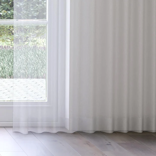 Photo of the fabric Cascade FR Feather swatch by James Dunlop Essentials. Use for Sheer Curtains. Style of Plain, Sheer
